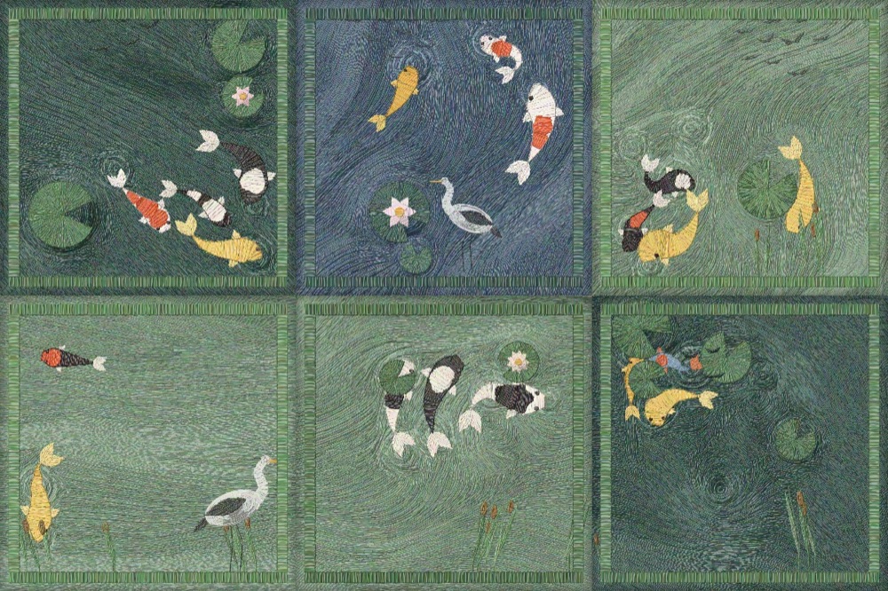 Six embroidered koi pond pieces from the Filara collection